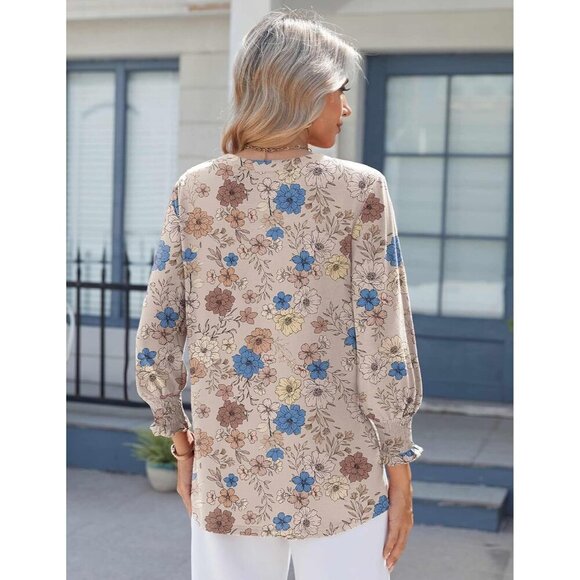 Women’s Floral V Neck Blouse 3/4 Sleeve Ruffle Cuffs Casual Top Small - Picture 5 of 7